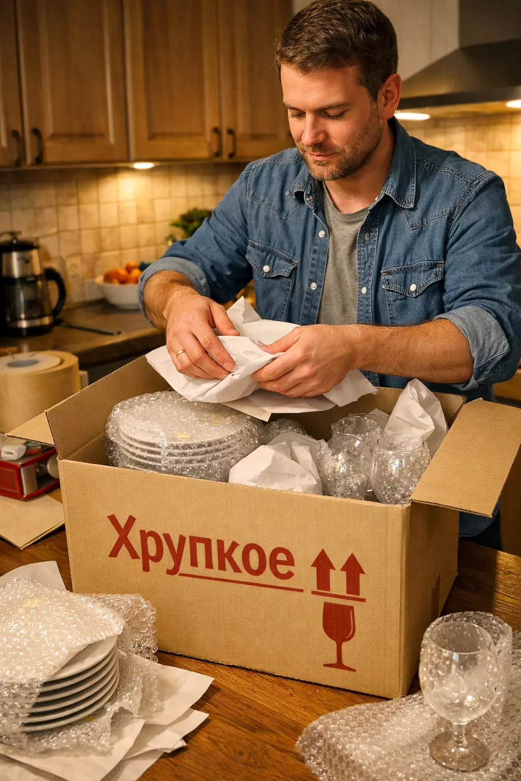 Реалистичное изображение аккуратной упаковки стеклянной посуды в пузырчатую пленку перед помещением в прочную коробку для переезда Москва и Московская область