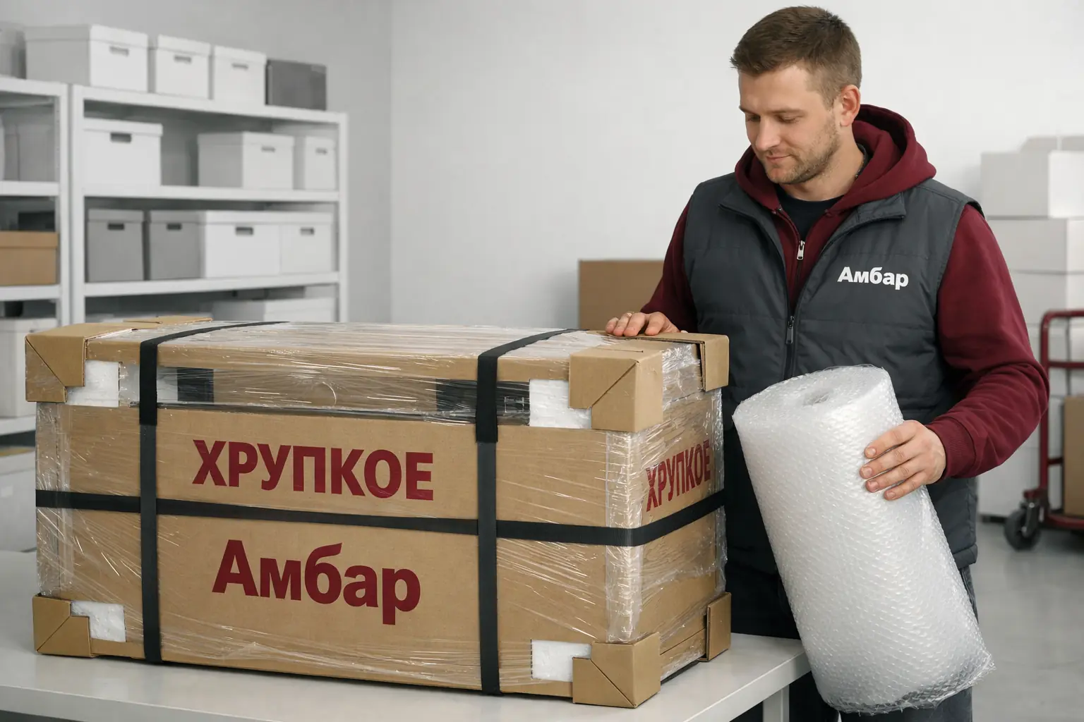 Два грузчика «Амбар» переносят телевизор, упакованный без коробки в одеяло, пузырчатую плёнку и картонные панели — безопасная перевозка техники.