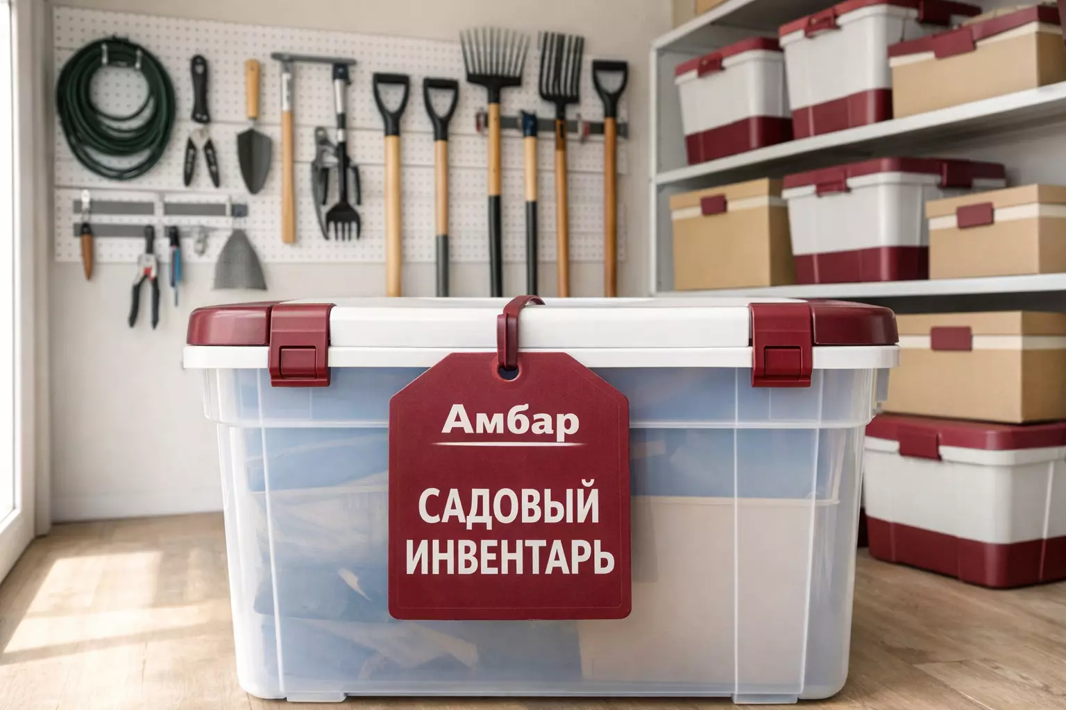 Организованное хранение садового инвентаря на даче: лопаты, грабли и контейнеры с биркой «Амбар»