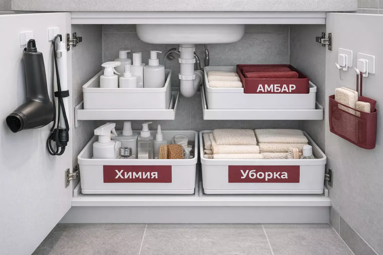 Шкафчик под раковиной с органайзерами: бытовая химия в прямоугольных контейнерах, фен на крючках, аккуратные бордовые бирки «Амбар».