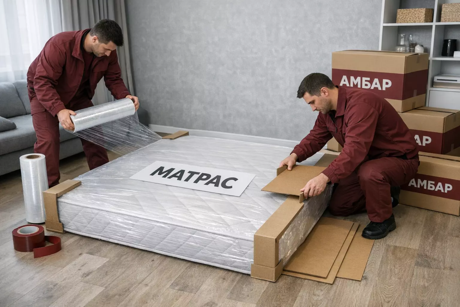 Сотрудники «Амбар» в бордовой форме упаковывают матрас в стрейч-плёнку с защитой углов перед перевозкой в Москве