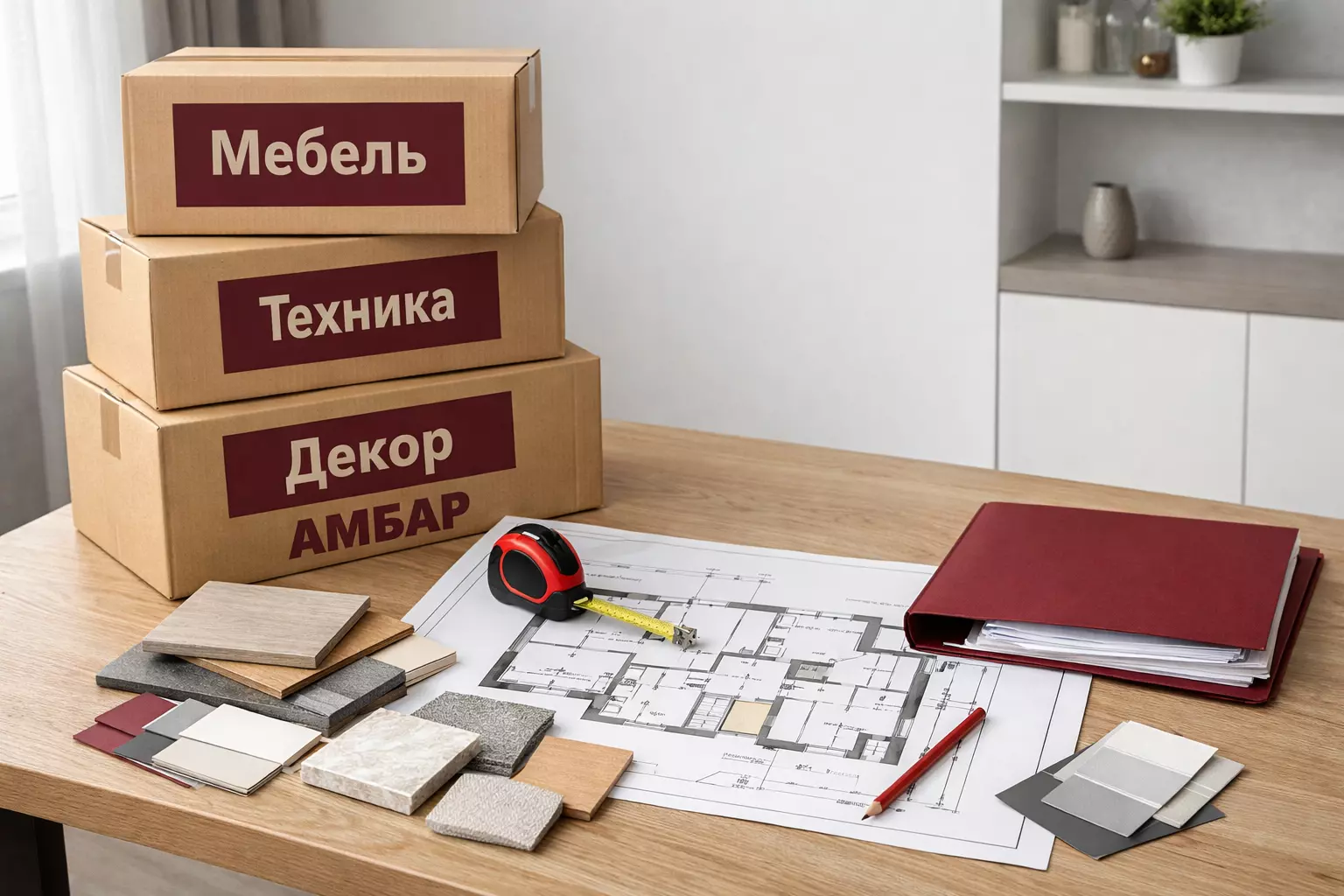 План ремонта квартиры: чертёж, образцы материалов и коробки «АМБАР» с бирками для хранения вещей на время ремонта в Москве.