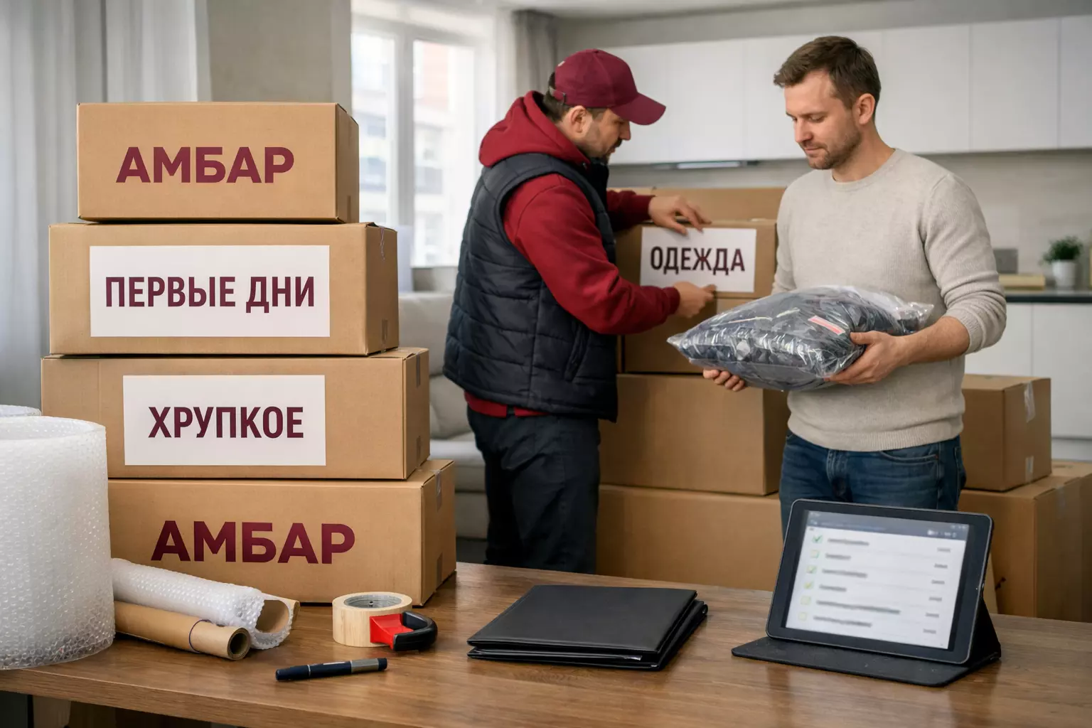 Сотрудник «Амбар» помогает упаковать и промаркировать вещи для переезда в другой город: брендированные коробки «АМБАР», бирки «ПЕРВЫЕ ДНИ», «ОДЕЖДА», «ХРУПКОЕ», папка с документами.