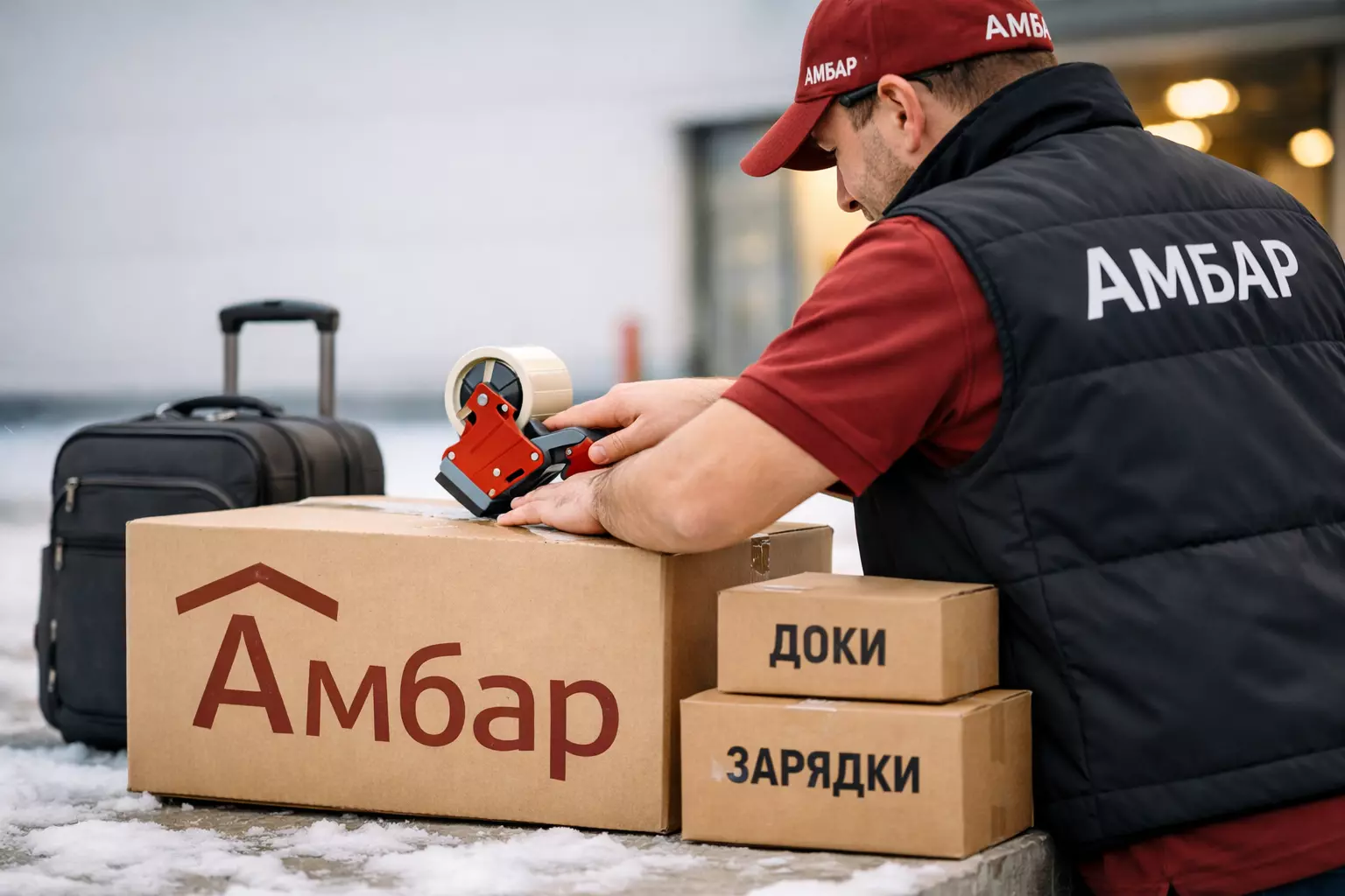 Крупный план упаковки коробки АМБАР с документами и зарядками для переезда в квартиру зимой