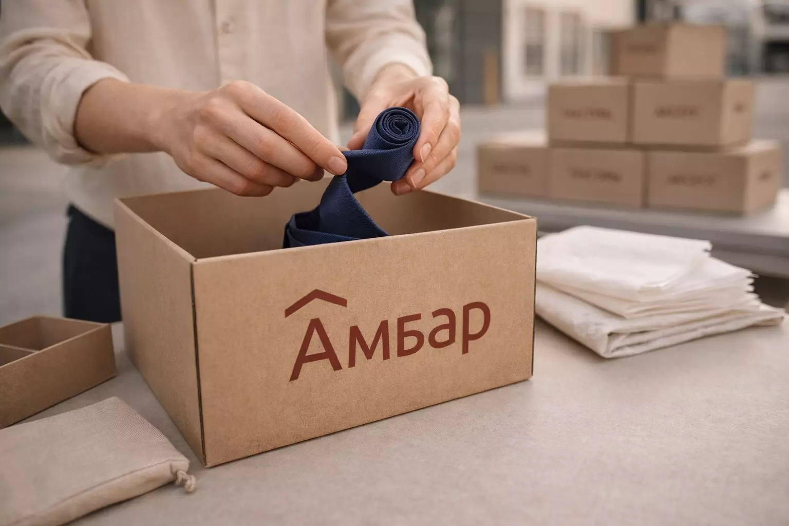 Сотрудник АМБАР аккуратно сворачивает галстук для бережного хранения в крафт-коробке на летней уличной зоне склада