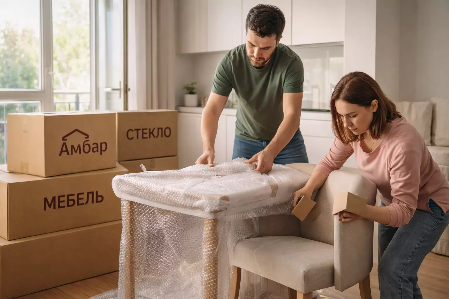 Семья в квартире аккуратно упаковывает мебель для хранения в Амбар: столешница в пузырчатой пленке, стул с защитными уголками, коробки с логотипом АМБАР