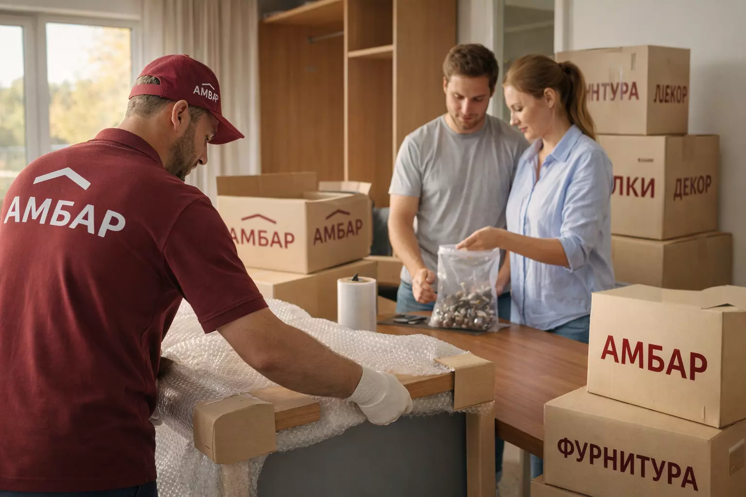 Сотрудник Амбар упаковывает мебель в квартире перед переездом, защищая углы и сортируя фурнитуру