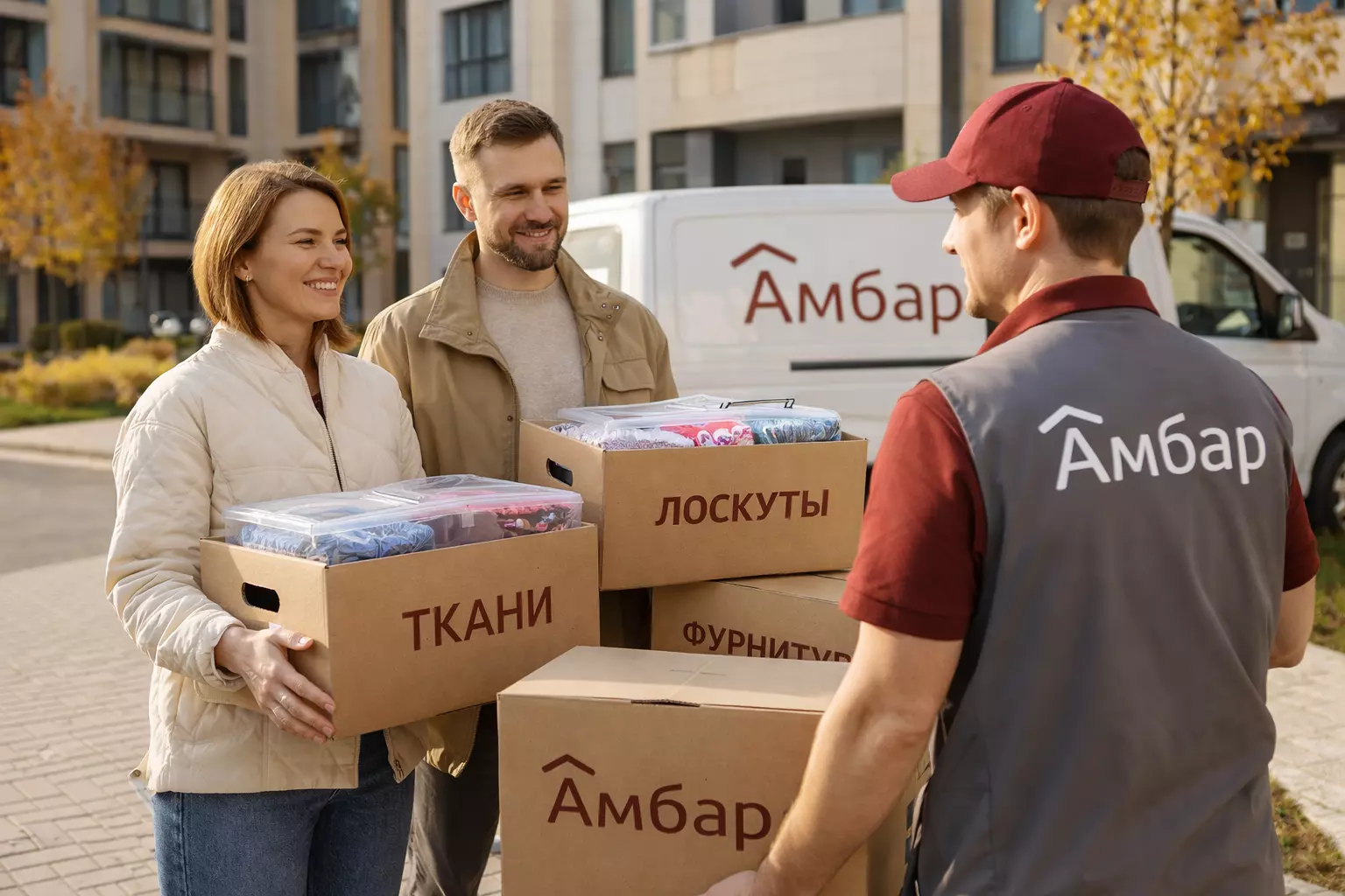 Жители Новой Москвы передают коробки с тканями для шитья сотруднику Амбар на солнечной осенней улице у дома