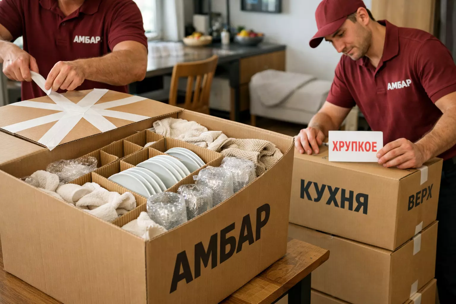 Сотрудник «Амбар» упаковывает посуду: тарелки вертикально в разделителях, коробка «АМБАР» с бирками «КУХНЯ» и «ХРУПКОЕ».