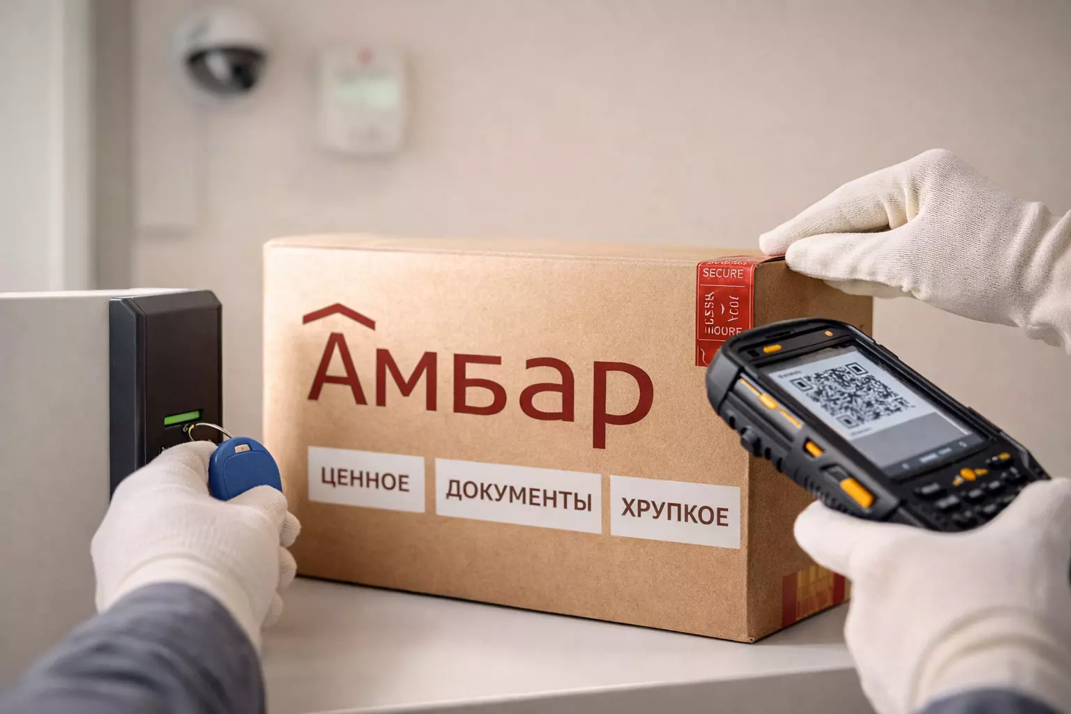 Крупный план: сотрудник 'АМБАР' пломбирует и сканирует крафт-коробку с бирками 'ЦЕННОЕ', 'ДОКУМЕНТЫ', 'ХРУПКОЕ', на фоне камера и датчик климата.