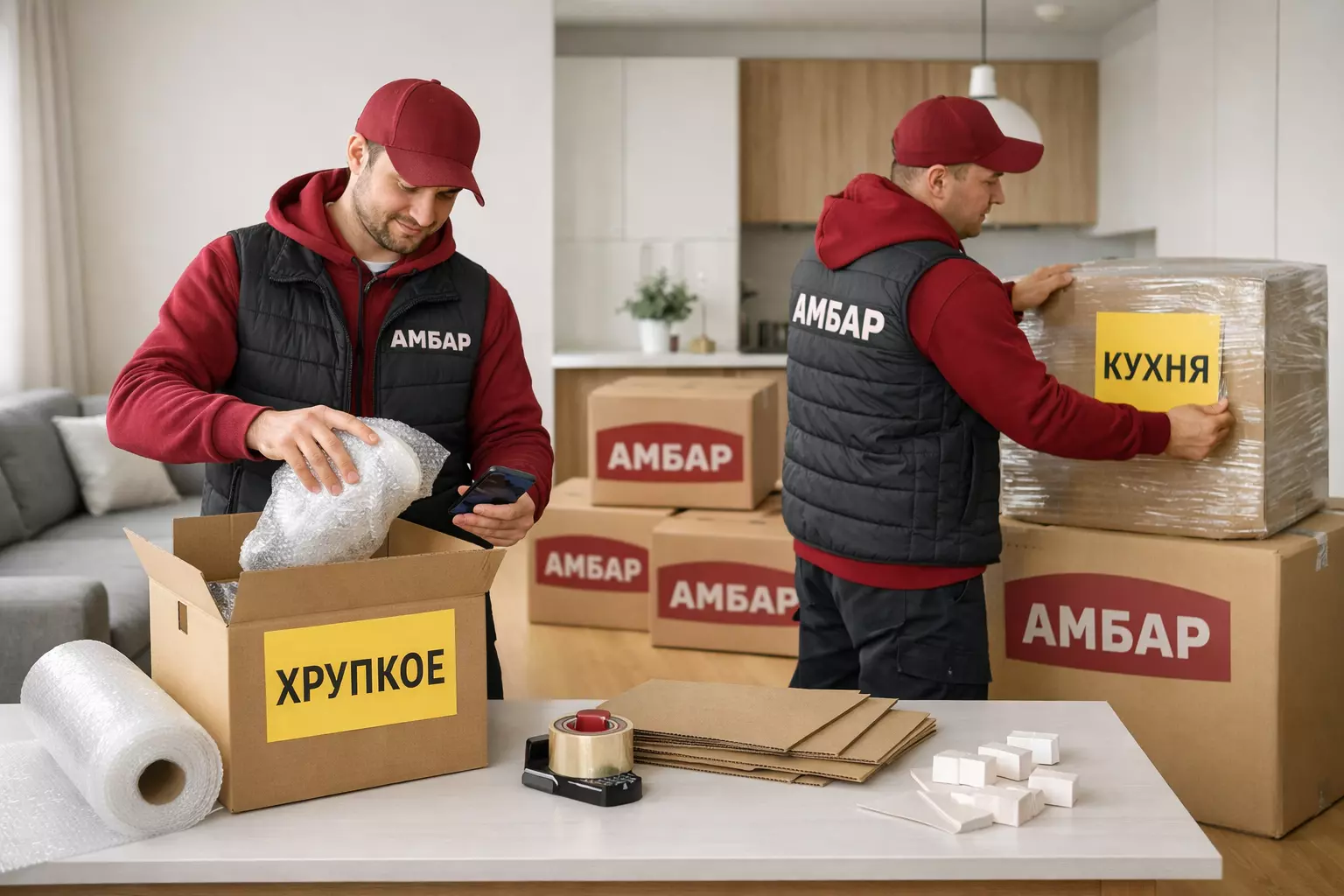 Муверы «Амбар» в бордовой форме упаковывают хрупкие вещи в квартире в Москве и маркируют коробки «АМБАР» для переезда под ключ.
