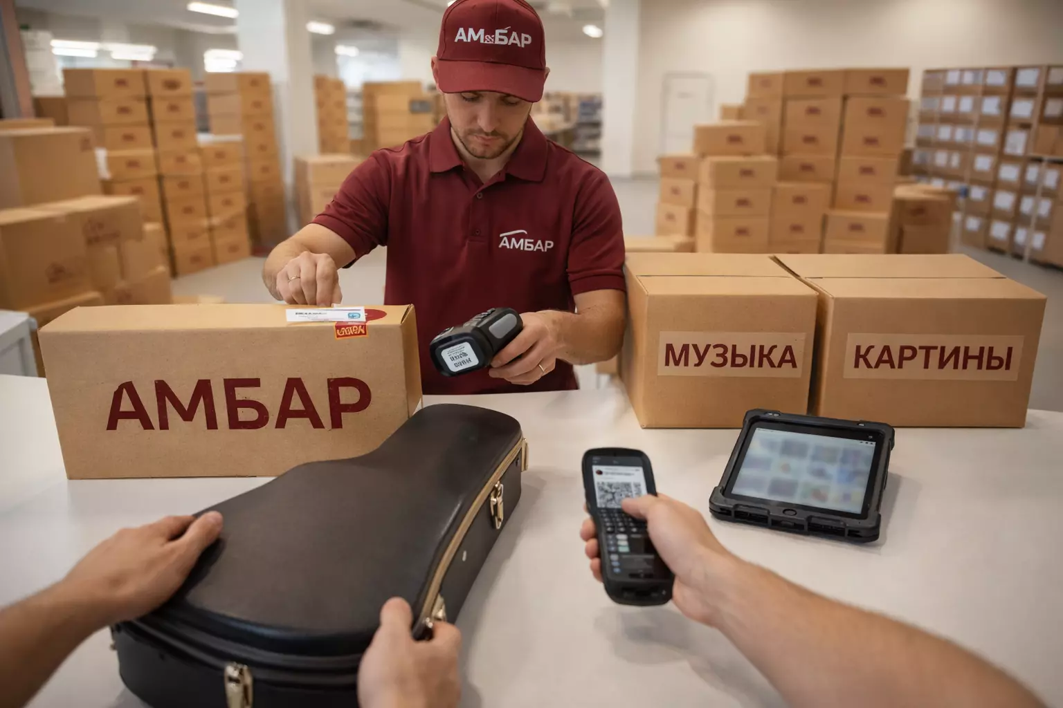 Сотрудник АМБАР запечатывает и сканирует коробки рядом с гитарным кейсом и папкой для картин в зоне приёмки на складе.