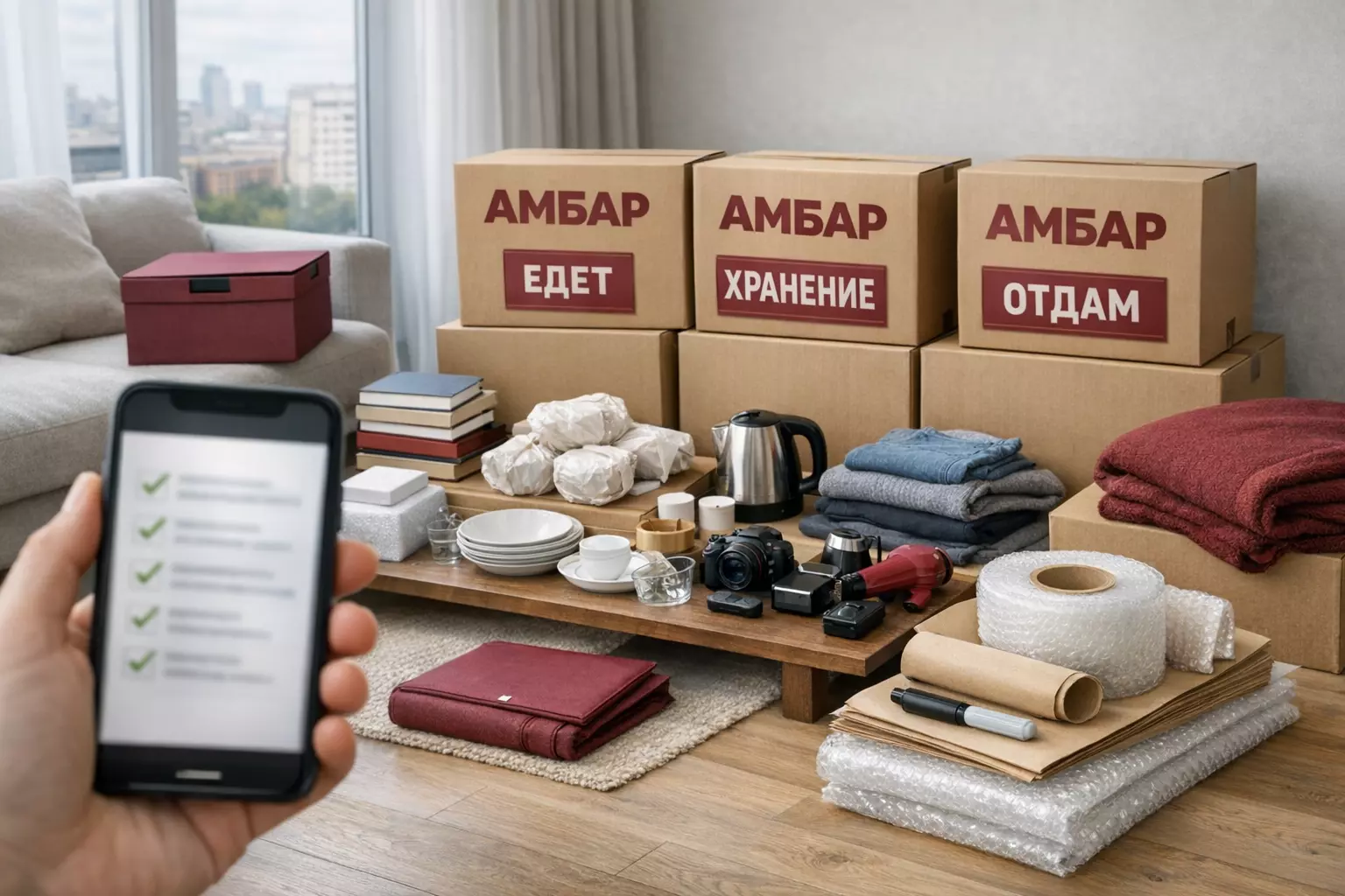 Упаковка посуды и книг перед переездом: коробки «АМБАР» с бирками «ПОСУДА» и «КНИГИ», пузырчатая плёнка и ткань для защиты хрупкого