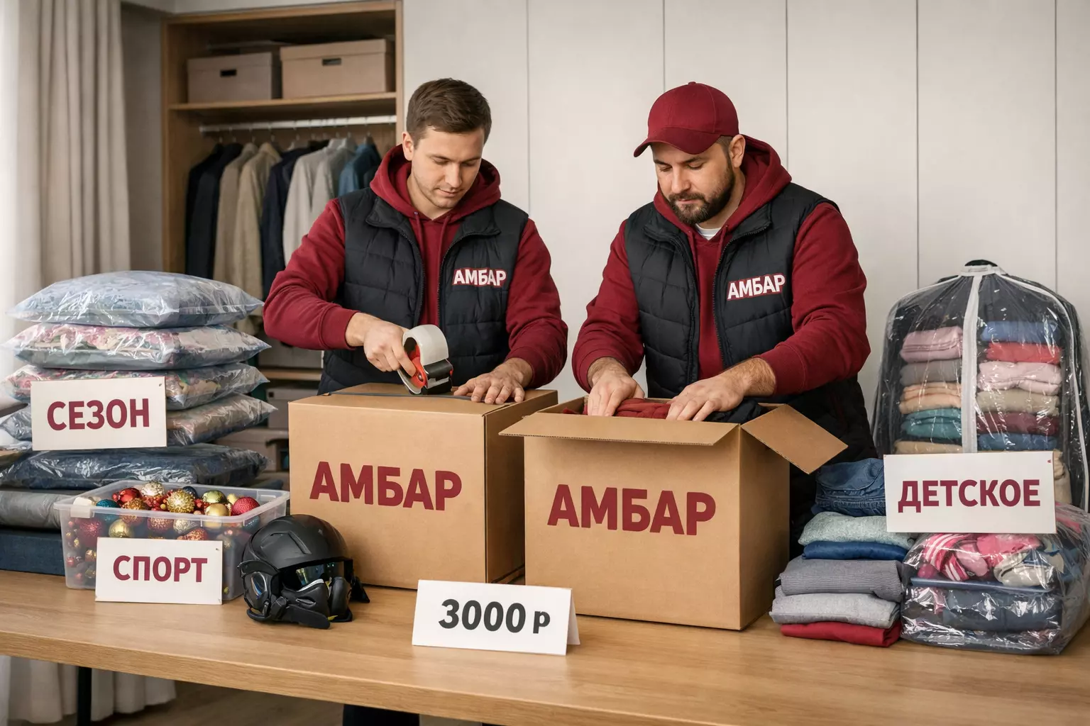 Сотрудники «Амбар» в бордовой форме упаковывают сезонные вещи в брендированные коробки «АМБАР», освобождая пространство в квартире — порядок за ~3000 ₽ в месяц.