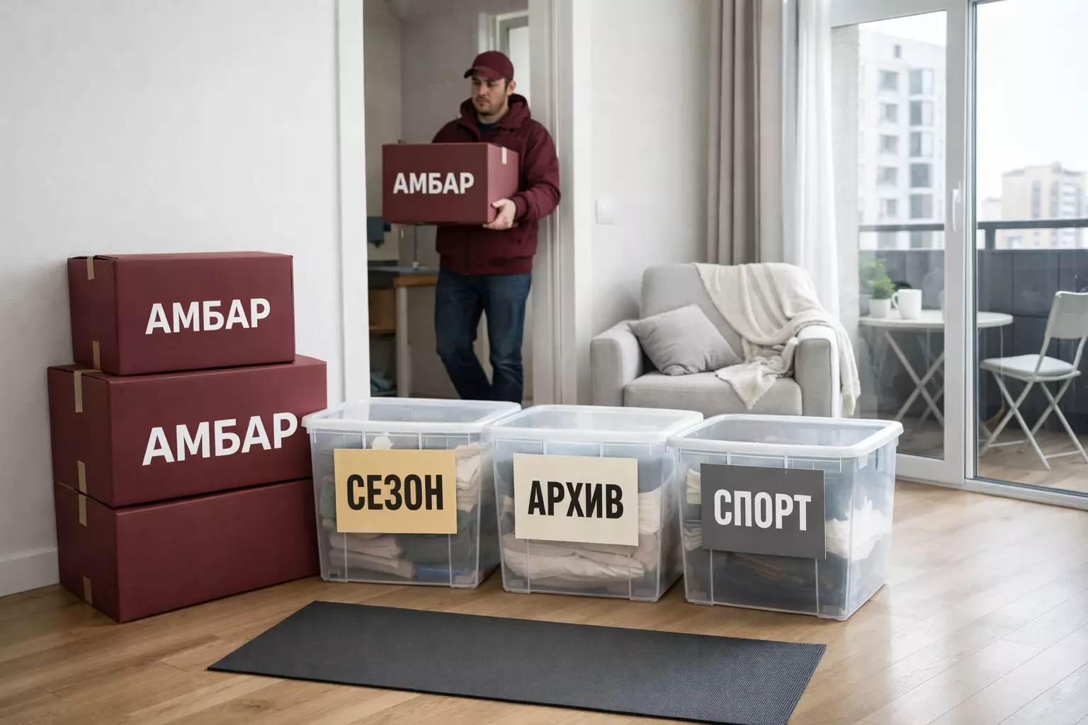 Светлая квартира после расхламления: коробки «АМБАР» с бирками «СЕЗОН/АРХИВ/СПОРТ», сотрудник в бордовой форме выносит вещи на хранение.