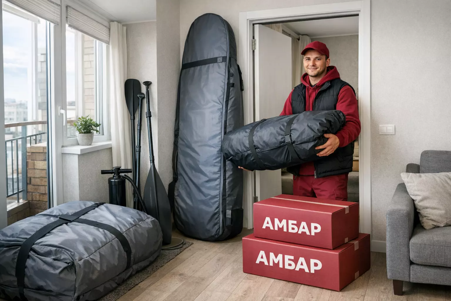 Сотрудник «Амбар» забирает на хранение лодку, сапборд и каяк из квартиры в Москве, освобождая балкон.