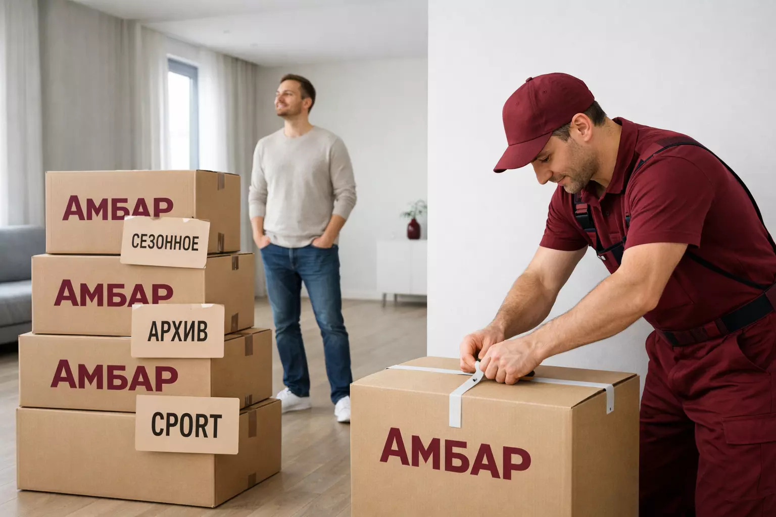 Свободная комната после расхламления: коробки «АМБАР» с бирками «Сезонное», «Архив», «Спорт»