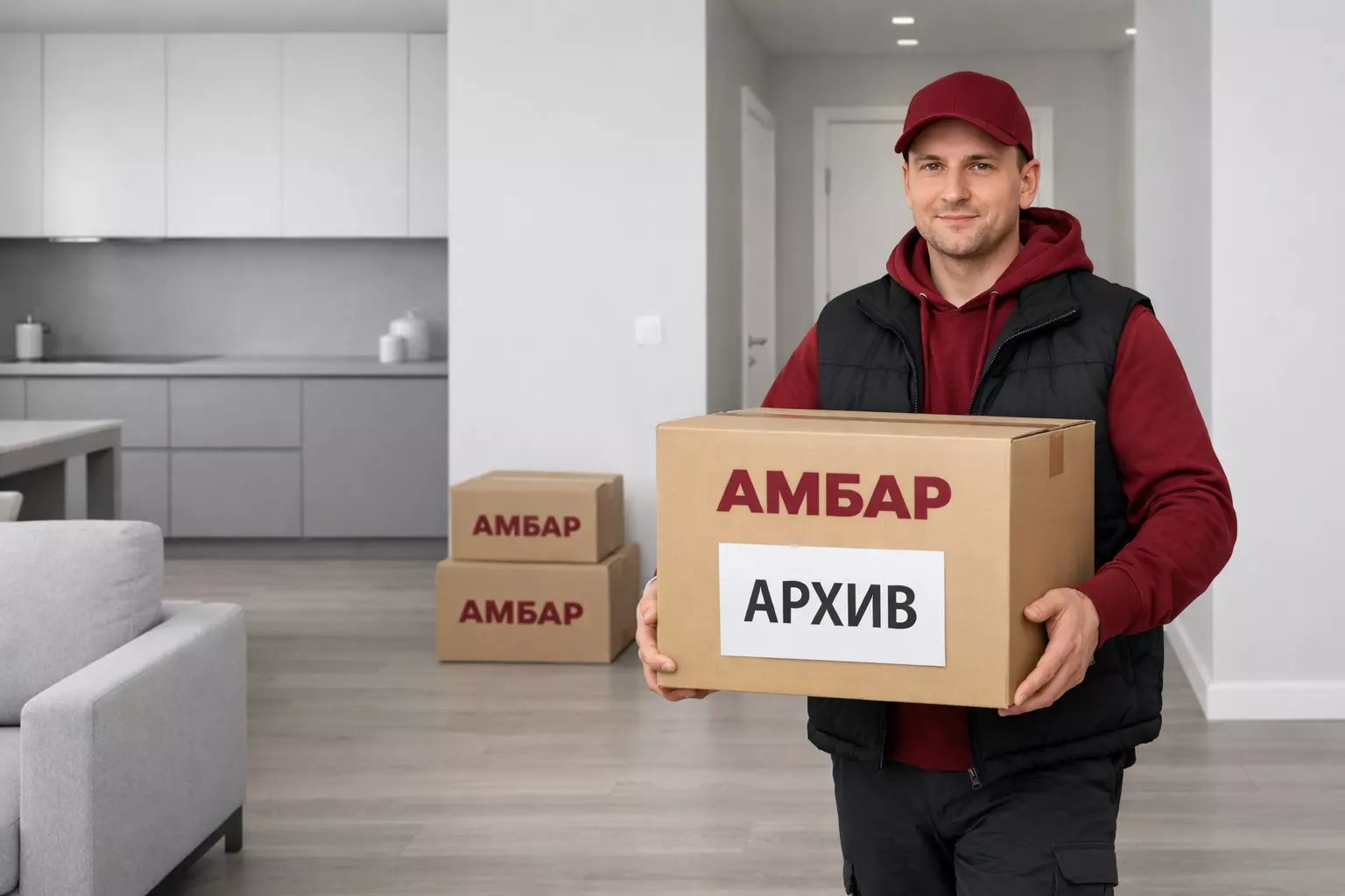 Сотрудник «Амбар» выносит коробки «АМБАР» из квартиры; комната выглядит свободной и без визуального шума