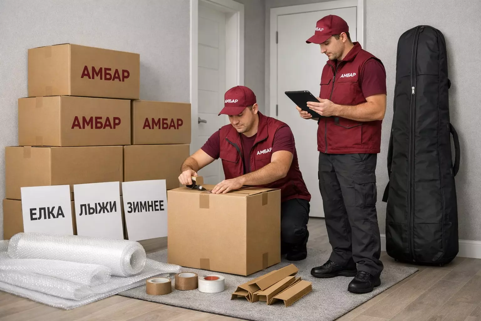 Сотрудники «Амбар» в бордовой форме упаковывают вещи и отмечают учёт на планшете; рядом коробки «АМБАР» с бирками «ЕЛКА», «ЛЫЖИ», «ЗИМНЕЕ».