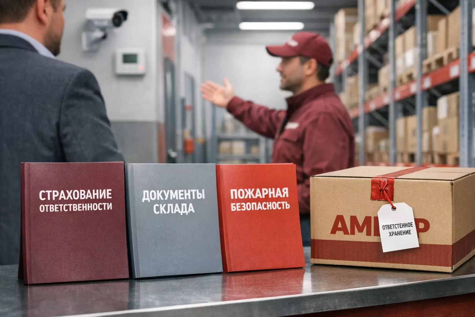 Документы страхования ответственности и безопасности склада «Амбар» на фоне зоны ответственного хранения с видеонаблюдением и пломбой