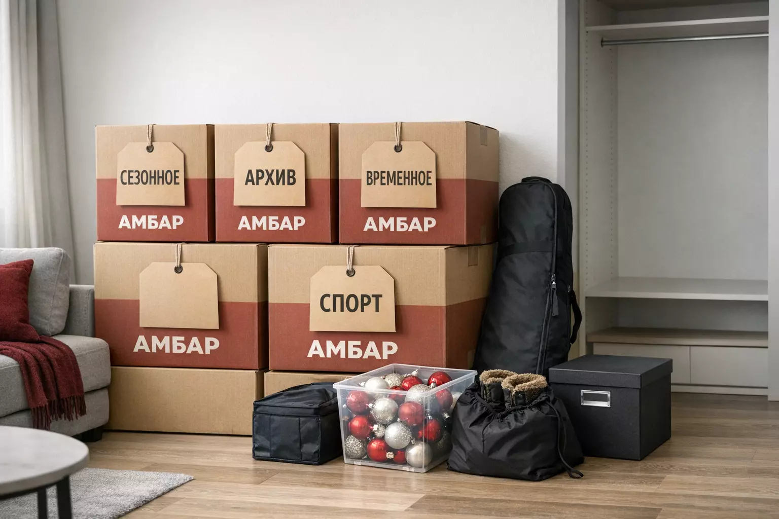 Светлая квартира в Москве после расхламления: коробки «АМБАР» с бирками «СЕЗОННОЕ», «АРХИВ», «ВРЕМЕННОЕ», «СПОРТ» и освобождённое пространство.