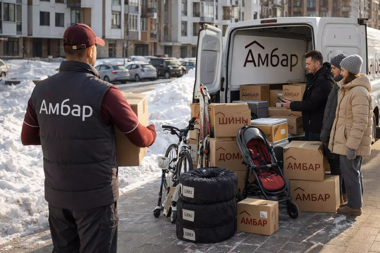 Сотрудники Амбар забирают шины, велосипед, коляску и коробки у жилого комплекса в Коммунарке зимой