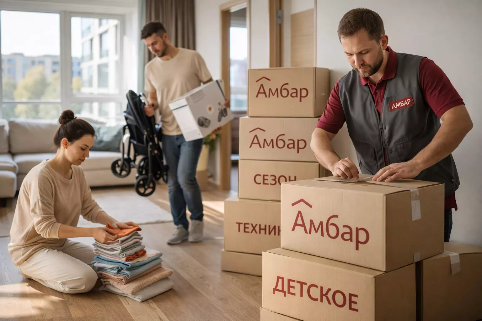 Сотрудник Амбар помогает семье из ЖК Остафьево подготовить детские вещи, технику и коляску к ответственному хранению в квартире